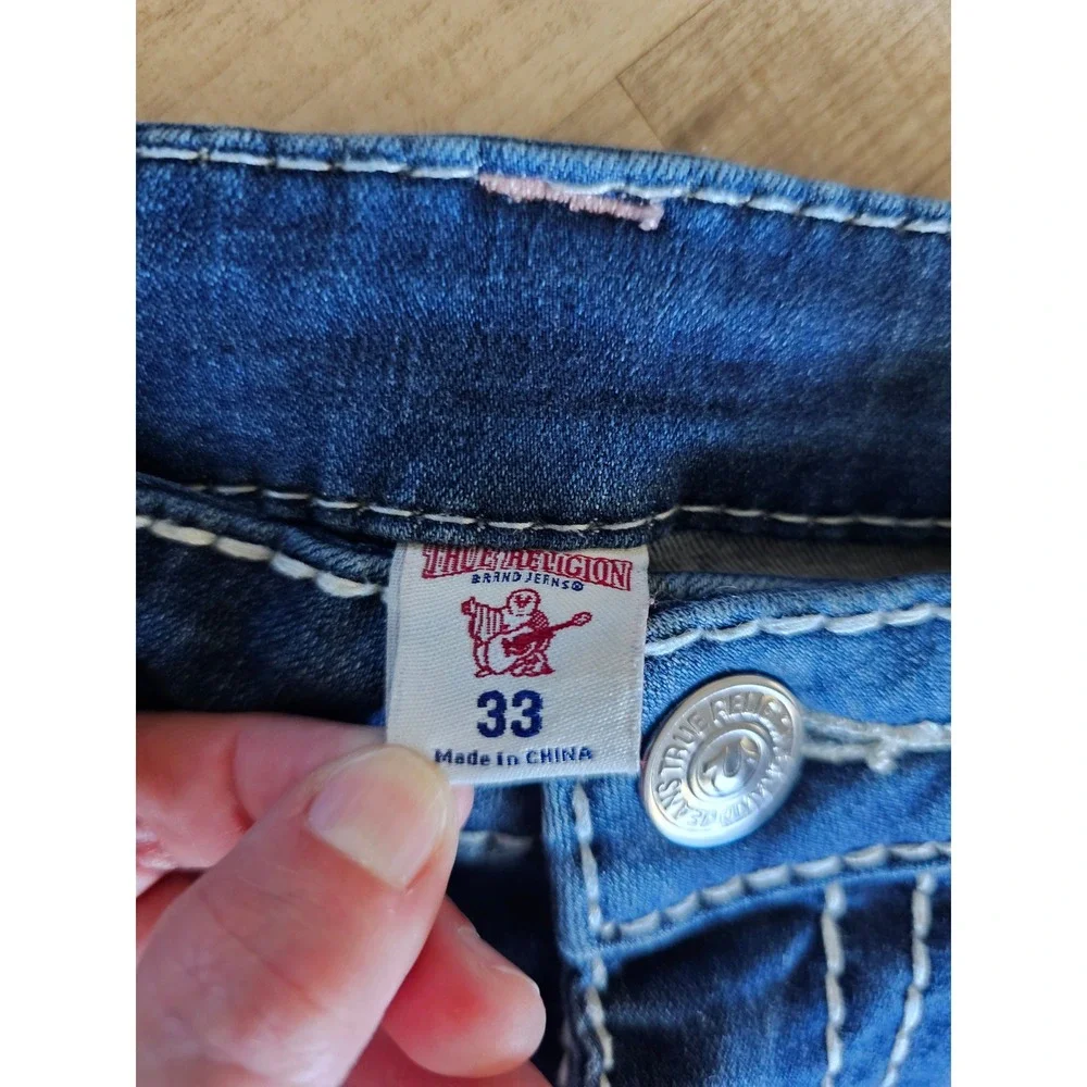 True Religion Super Skinny Mens Blue Distressed Jeans Size 33 White Stitching